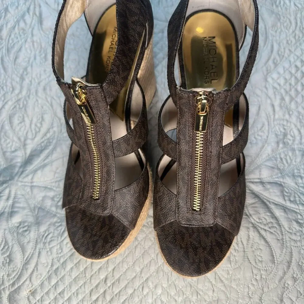 Michael Kors Brown Wedge Sandals with Espadrille Heel